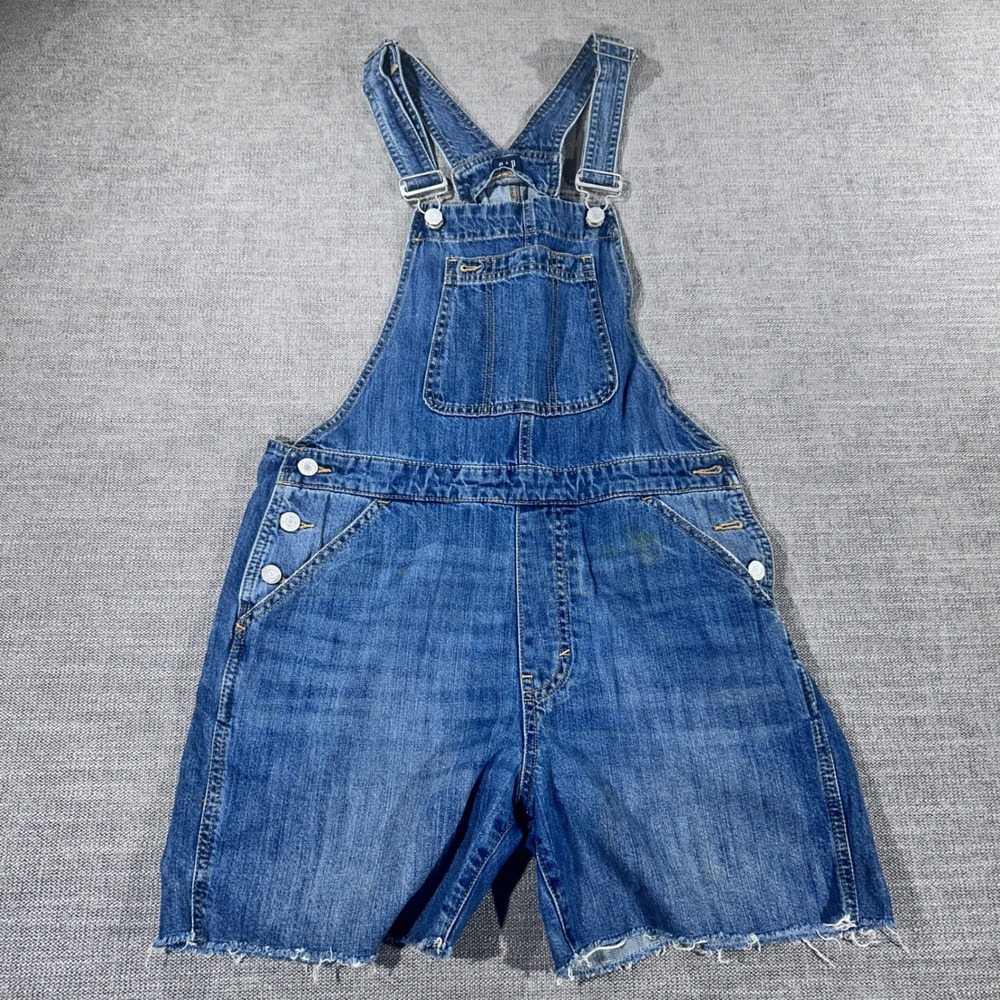 Gap Denim Overall Shorts Womens M Blue Good Raw Hem Adjustable Straps Utility